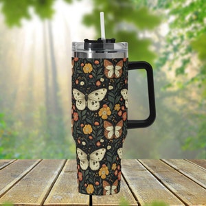 Cottagecore Butterfly 40oz Stainless Steel Tumbler With Handle Lid and Straw, Nature Garden Drink Cup, Travel Tumbler, Fun Tumbler Gift