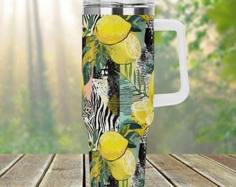 Retro Lemon Fruit 40oz Stainless Steel Tumbler With Handle Lid and Straw, Tropical Summer Drink Cup, Travel Mug, Cute Tumbler Gift
