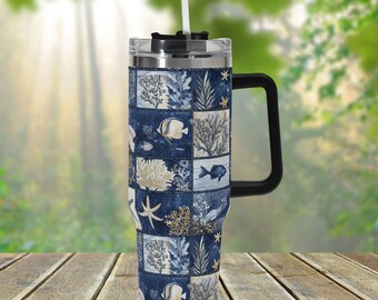 Blue Ocean Nautical 40oz Edelstahlbecher mit Griffdeckel und Strohhalm, Unterwasserfisch-Trinkbecher, Reisebecher, lustiges Bechergeschenk