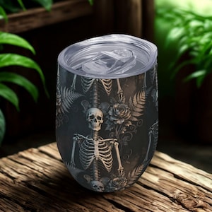 Gothic Skeleton 12oz Wine Tumbler, Spooky Skull Floral Wine Cup with Lid, Travel Mug, Party Favor, Goth Bridesmaid Gift, Gift For Mom