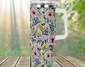 Cottagecore Wildflowers 40oz Stainless Steel Tumbler With Handle Lid and Straw, Botanical Floral Drink Cup, Travel Mug, Cute Tumbler Gift