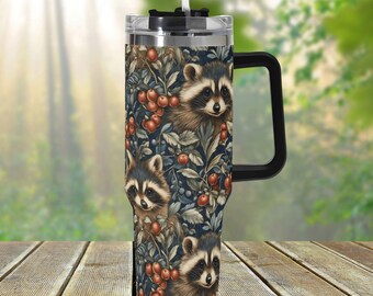 Retro Raccoon Forest 40oz Stainless Steel Tumbler, Woodland Animal Cottagecore Drink Cup, Large Coffee Travel Mug, Cute Tumbler Gift
