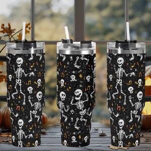 Dancing Skeletons 40oz Stainless Steel Tumbler With Handle Lid and Straw, Spooky Halloween Drink Cup, Travel Tumbler, Fun Tumbler Gift