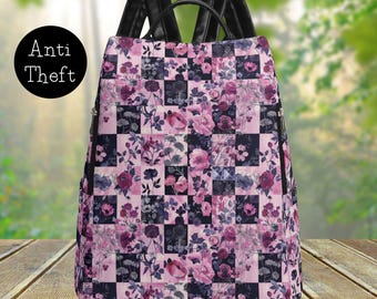 Pastel Goth Floral PU Leather Anti Theft Backpack, Safe Backpack For Woman, Cute Travel Bag, Back To School Rucksack, Gift For Her