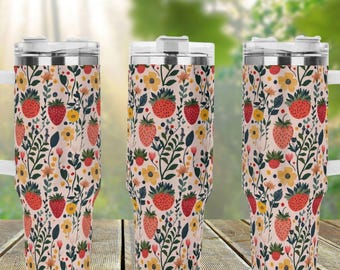 Erdbeer Cottagecore 40 Unzen Edelstahlbecher mit Griffdeckel und Strohhalm, niedlicher Retro-Fruchtgetränkebecher, Reisebecher, lustiges Bechergeschenk