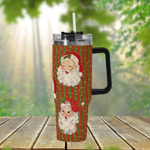 Retro Christmas 40oz Stainless Steel Tumbler Gift With Black Handle and Straw, XMas Santa Drink Cup, Travel Tumbler, Fun Tumbler Gift