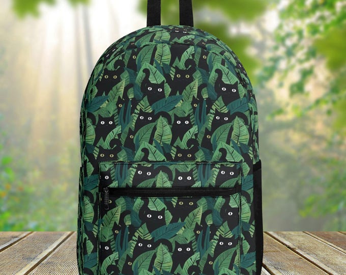 Black Cat Forest All Over Print Polyester Backpack, Retro Cat Lover Back To School Bookbag, College Bag, Travel Backpack, Gift For Her