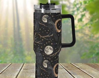 Witchy Moon Forest 40 Unzen Edelstahlbecher, Gothic Krähenvogel Getränketasse, großer Kaffee Reisebecher, Dark Goth Aesthetic Tumbler Geschenk
