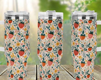 Erdbeer Cottagecore 40 Unzen Edelstahlbecher mit Griffdeckel und Strohhalm, niedlicher Retro-Fruchtgetränkebecher, Reisebecher, lustiges Bechergeschenk