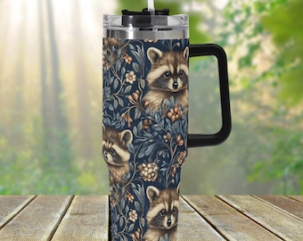 Retro Raccoon Forest 40oz Stainless Steel Tumbler, Woodland Animal Cottagecore Drink Cup, Large Coffee Travel Mug, Cute Tumbler Gift