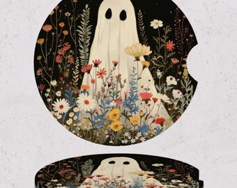 Ghost Wildflowers Ceramic Car Coasters Set of 2, Spooky Halloween Floral Car Coasters, Funny Car Accessories, Car Interior Decor Gift