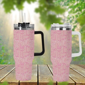 Pink Bow Ribbon 40oz Stainless Steel Tumbler With Handle Lid and Straw, Cute Coquette Aesthetic Drink Cup, Travel Tumbler, Fun Tumbler Gift