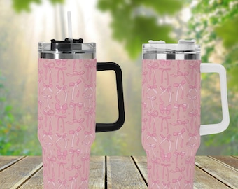 Rosa Bogen-Band 40 Unzen Edelstahl-Becher mit Griffdeckel und Stroh, niedlicher kokette ästhetischer Getränkebecher, Reise-Becher, lustiges Becher-Geschenk