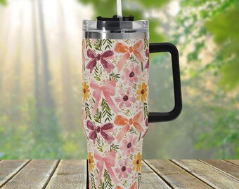 Cute Bows and Wildflower 40oz Stainless Steel Tumbler With Handle Lid and Straw, Botanical Floral Drink Cup, Travel Tumbler, Tumbler Gift