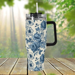Chinoiserie Flower 40oz Stainless Steel Tumbler With Handle Lid and Straw, Retro Blue Floral Drink Cup, Travel Tumbler, Fun Tumbler Gift