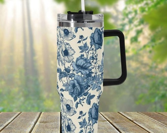 Chinoiserie Flower 40oz Stainless Steel Tumbler With Handle Lid and Straw, Retro Blue Floral Drink Cup, Travel Tumbler, Fun Tumbler Gift