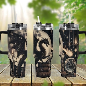 Mystic Dragon 40oz Stainless Steel Tumbler, Gothic Dragon Book Lover Drink Cup, Large Coffee Travel Mug, Dark Goth Aesthetic Tumbler Gift
