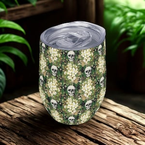 Gothic Skeleton 12oz Wine Tumbler, Spooky Skull Floral Wine Cup with Lid, Travel Mug, Party Favor, Goth Bridesmaid Gift, Gift For Mom