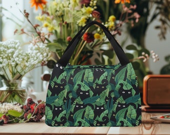 Schwarze Katzenwald tragbare Kühltasche, süße Katzenkühltasche, Picknicktasche, wiederverwendbare Schule oder Arbeit
