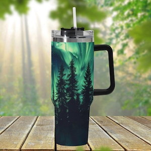 Northern Lights Forest 40oz Stainless Steel Tumbler Gift With Black Handle and Straw, Aurora Borealis Drink Cup, Nature Lover Travel Gift