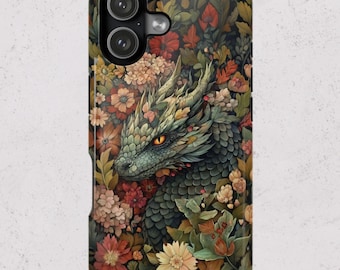 May include: A phone case featuring a detailed illustration of a dragon's head and neck, surrounded by colorful flowers and foliage. The dragon has green scales, yellow eyes, and a detailed, textured appearance. The background is a mix of red, orange, and yellow flowers.