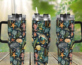 Meereskreaturen 40 Unzen Edelstahlbecher, Aquarell Fischer Nautische Getränketasse, große Kaffeereisebecher, niedliches ästhetisches Bechergeschenk
