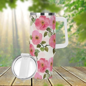 Vintage Rose 40oz Stainless Steel Tumbler With Handle Lid and Straw, Cottagecore Valentine Floral Drink Cup, Travel Mug, Cute Tumbler Gift