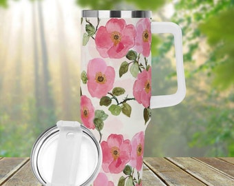 Vintage Rose 40oz Stainless Steel Tumbler With Handle Lid and Straw, Cottagecore Valentine Floral Drink Cup, Travel Mug, Cute Tumbler Gift