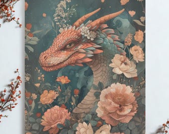 Retro Dragon Floral Sleeve Book Cover Protector with Zipper, Mystic Dragon Book Protective Cover, Book Pouch, Book Bag, Bookish Gifts