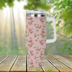 Rose Floral 40oz Stainless Steel Tumbler With Handle Lid and Straw, Coquette Pink Floral Drink Cup, Travel Tumbler, Fun Tumbler Gift
