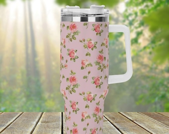 Rose Floral 40oz Stainless Steel Tumbler With Handle Lid and Straw, Coquette Pink Floral Drink Cup, Travel Tumbler, Fun Tumbler Gift