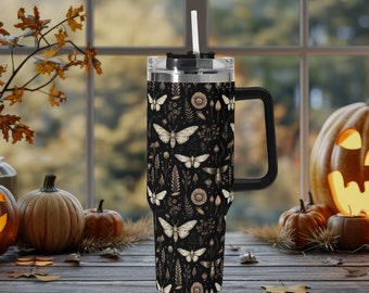 Witchy Moth Forest 40oz Stainless Steel Tumbler Handle Lid and Straw, Spooky Halloween Drink Cup, Travel Tumbler, Fun Tumbler Gift