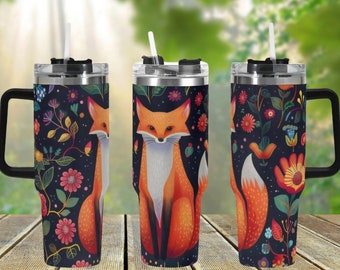 Fox Forest 40oz Stainless Steel Tumbler With Handle Lid and Straw, Cottagecore Woodland Animal Drink Cup, Travel Tumbler, Tumbler Gift