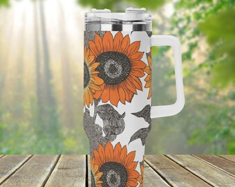 Retro Boho Sunflowers 40oz Stainless Steel Tumbler With Handle Lid and Straw, Botanical Floral Drink Cup, Travel Tumbler, Tumbler Gift