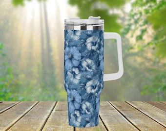 Hibiscus Blue 40oz Stainless Steel Tumbler With Handle Lid and Straw, Boho Vintage Floral Drink Cup, Travel Tumbler, Fun Tumbler Gift