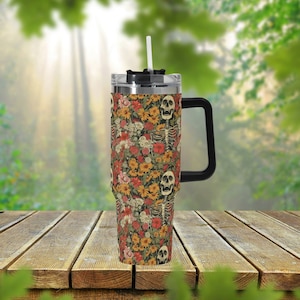 Retro Skeleton Floral 40oz Stainless Steel Tumbler With Handle Lid and Straw, Spooky Halloween Drink Cup, Travel Tumbler, Fun Tumbler Gift