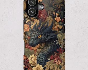 May include: A phone case featuring a detailed illustration of a black dragon with yellow eyes, surrounded by a floral design in shades of red, yellow, and green. The case has a glossy finish.