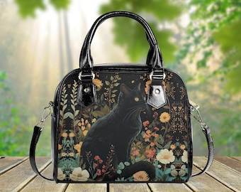 Black Cat Forest Floral PU Vegan Leather Shoulder Handbag