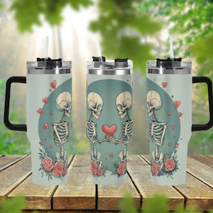 Cute Skeleton Lover 40oz Stainless Steel Tumbler With Handle Lid and Straw, Funny Valentine Drink Cup, Travel Tumbler, Fun Tumbler Gift