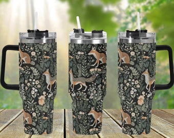 Fox Forest 40oz Stainless Steel Tumbler With Handle Lid and Straw, Cottagecore Woodland Animal Drink Cup, Travel Tumbler, Tumbler Gift