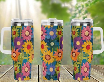 Boho Sunflower 40oz Stainless Steel Tumbler With Handle Lid and Straw, Botanical Floral Drink Cup, Travel Tumbler, Cute Tumbler Gift