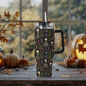 Skeleton Forest 40oz Stainless Steel Tumbler With Handle Lid and Straw, Spooky Halloween Drink Cup, Travel Tumbler, Fun Tumbler Gift