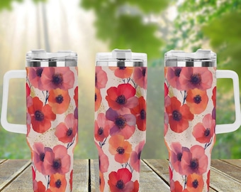 Poppy Flowers 40oz Stainless Steel Tumbler With Handle Lid and