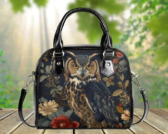 Witchy Owl PU Vegan Leather Shoulder Handbag, Hippie Boho Floral Bag, Forest Cottagecore Satchel Bag, Birthday Gift