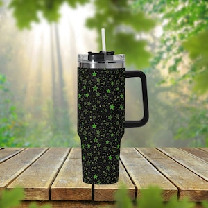 Green Stars 40oz Stainless Steel Tumbler With Handle Lid and Straw, Y2K Retro Star Anime Drink Cup, Travel Tumbler, Fun Tumbler Gift