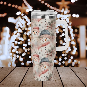 Christmas Snowman 40oz Stainless Steel Tumbler With White Handle and Straw, Snow Winter Holiday Drink Cup, Travel Tumbler, Xmas Tumbler Gift