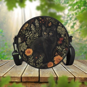 Black Cat Forest Round Satchel Bag, Vintage Woodland Nature Floral Crossbody Bag, Circle Handbag For Woman, Gift For Her