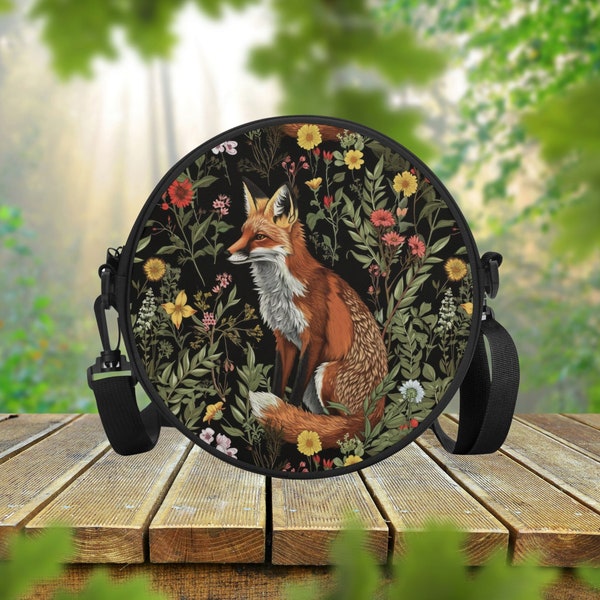 Cottagecore Fox Forest Floral Round Satchel Bag, sac crossbody vintage Woodland Nature, sac à main Circle pour femme, cadeau pour elle