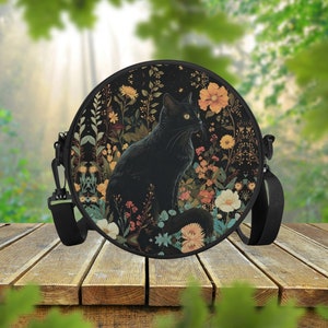 Black Cat Forest Floral Round Satchel Bag, Vintage Woodland Nature Crossbody Bag, Circle Handbag For Woman, Gift For Her