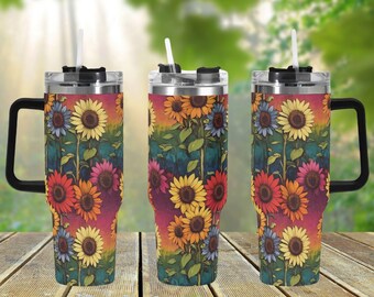 Retro Sunflower 40oz Stainless Steel Tumbler With Handle Lid and Straw, Cottagecore Floral Drink Cup, Travel Tumbler, Cute Tumbler Gift